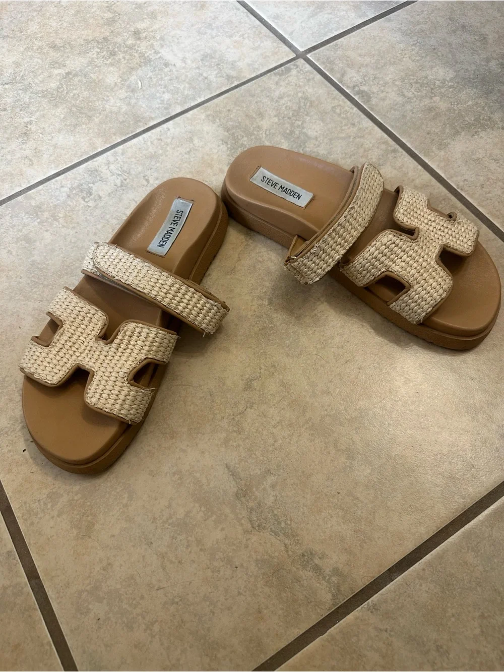 Steve Madden Tan & Natural Woven Slide Sandals